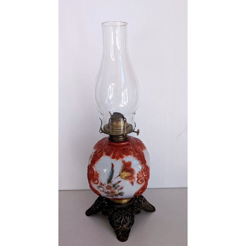Vintage Oil Lamp Floral Milk Glass Red Embossed Cast Iron Base Victorian Antique
